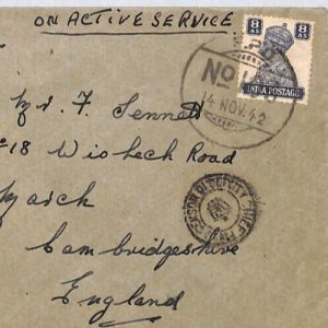 INDIA MILITARY WW2 Air Mail Cover Superb *FPO.106* CDS Censor 1942 Cambs PJ305
