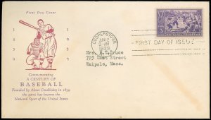 1939 Baseball Centennial 1839-1939 Batter Cachet, Cooperstown Cancel FDC SC #855