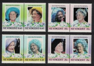 St. Vincent Queen Elizabeth the Queen Mother 4 pairs 1985 MNH SG#910-917