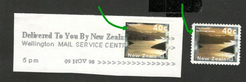 NEW ZEALAND-FRAGMENT+USED STAMP , 40c -MISSING MARLBOROUGH SOUNDS -ERROR-1996.