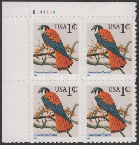 SC#3031A 1¢ American Kestrel Plate Block UL #B444444 (2000) SA