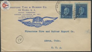 Cuba 1936 Firestone Tire and Rubber Company Advertising Cover to Ohio | CU20722