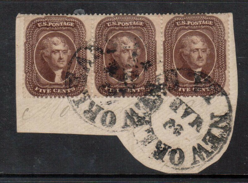 USA #29 Very Fine Used Strip Of Three On New Orleans Piece **With Certificate**