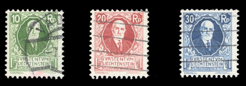 Liechtenstein #B1-3 Cat$52, 1925 Prince Johann, set of three, used