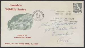 1954 #343 15c Gannet FDC Personal Cachet Ottawa