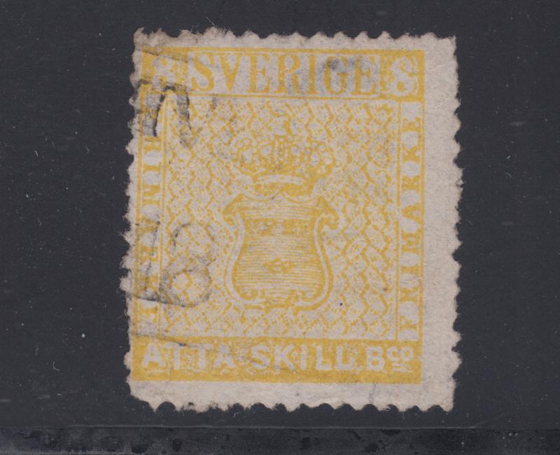 Sweden Sc 4b used. 1856 8s lemon yellow Coat of Arms, scarce.