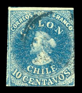 CHILE 1860 COLUMBUS 10c dark blue Sc# 10j used WMK. FB10-1 FVF