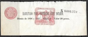 PUERTO RICO 1896-97 20p on 25p Notary Contracts Revenue Stamp Paper Unused