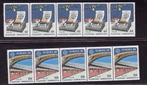 Greece-Sc#1621a-2a-perf 14-two unused NH strips of 5 booklet stamps-Europa 1988-