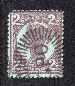 Queensland 1897 2 1/2p violet on blue, Scott 116 used, value = $3.50