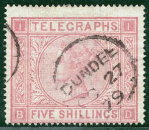 GB QV TELEGRAPHS Stamp 5s Scotland Dundee 1879 CDS Used Cat £200- WHITE20