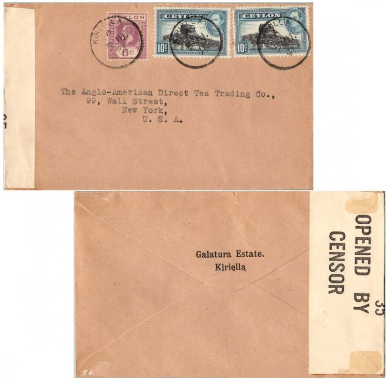 Ceylon 6c KGV and 10c KGVI Sigiriya (Lion Rock) (2) 1941 Kiriella to New York...