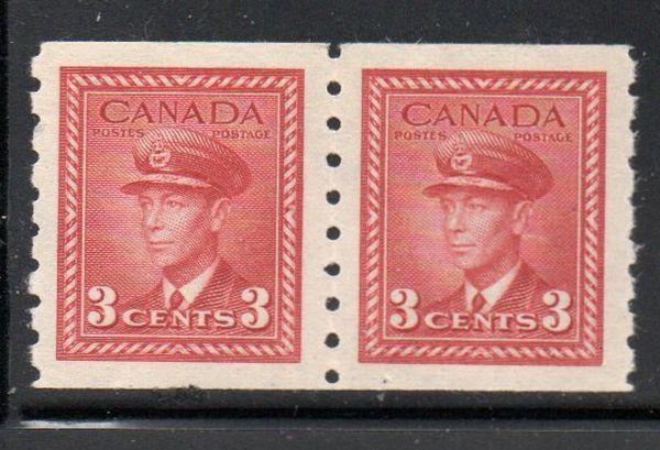 Canada Sc 265 1942 3 c dark carime G VI coil stamp pair mint NH