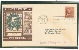 US 823 1938 18c Ulysses S. Grant (presidential/prexy series) solo on an addressed first day cover with a Staehle cachet.