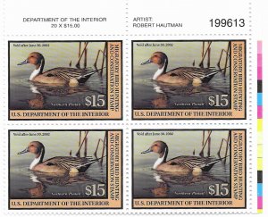 US RW 68   2001  $15.00    Federal duck stamp plate block VF NH