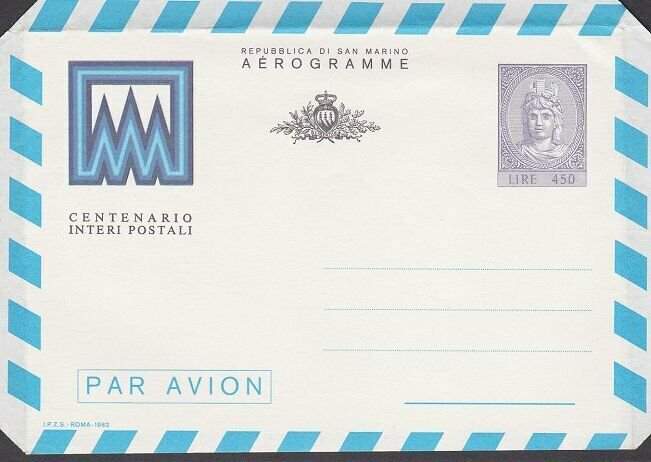 SAN MARINO 1982 450L aerogramme Postal Centenary unused.....................M978