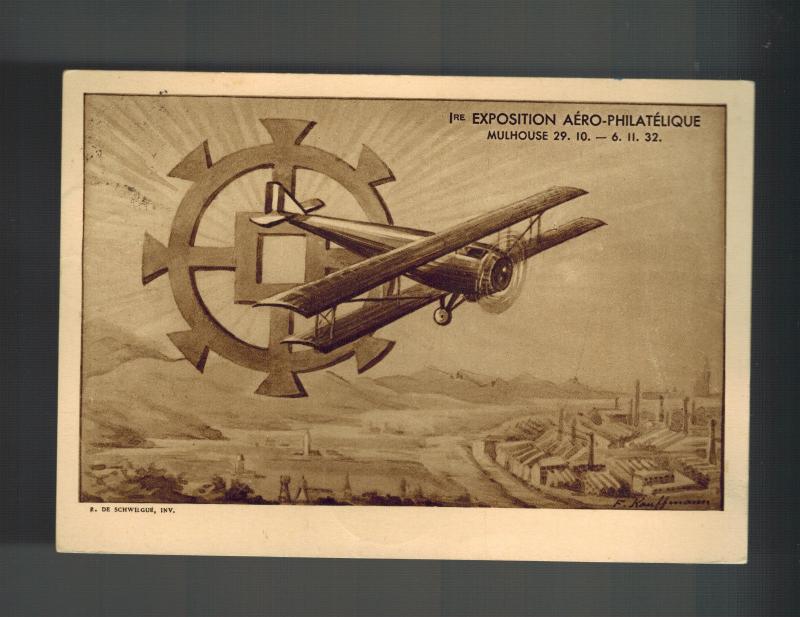 1932 Mulhouse France postcard cover Local Issue Aviation Exposition Strassbourg