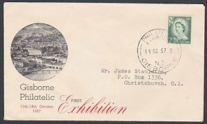 NEW ZEALAND 1957 Gisborne Philatelic Exhibition cover, cancel & cinderella..L251