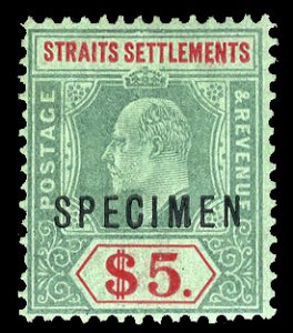 Straits Settlements #128S, 1910 $5 green and red, overprinted Specimen, hinged