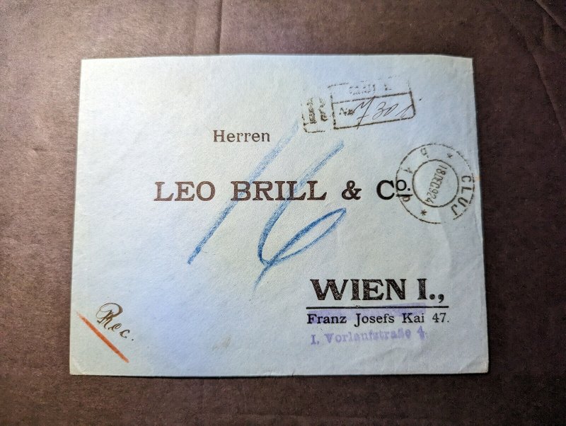 1924 Registered Romania Cover Cluj to Vienna Austria Leo Brill