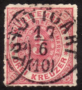 1869, Germany Wurttemberg 3Kr, Used, Sc 49