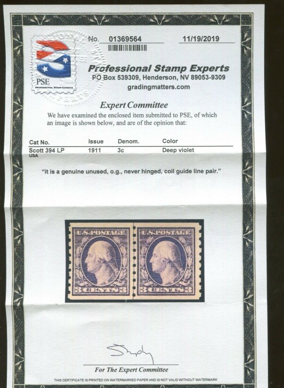 1911 United States Postage Stamp #394 Mint Never Hinged VF Line Pair Certified