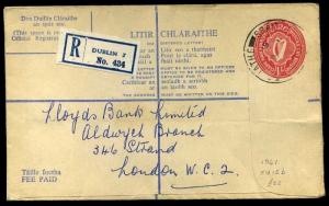 Irish 1961 Registered 1/ Postal Stationery Envelope (EU15b) Dublin to London