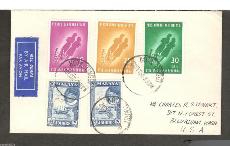 1962 Malaya airmail cover to Bellingham WA Johore stamps #164 & Malaya #108-110 