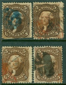 EDW1949SELL : USA 1863 Scott #76. 4 stamps. Used. 3 Red, 1 Blue cancels Cat $630