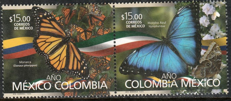 MEXICO 3105a, MEXICO-COLOMBIA YEAR, BUTTERFLIES. SE-TENANT PAIR. MINT, NH. VF.