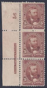 Scott #255 Mint plate block of 3 with imprint