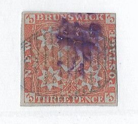 New Brunswick Sc #1 3p red  used with '8' in grid  FVF