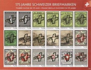 Grenada 2020 - Swiss Postage History - Gold OVPT IMPERF Sheet of 18 Stamps - MNH