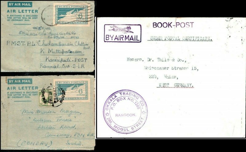 Burma 1952 1953 2 Airletters Burma Postage 6A & 1961 Airmail Rangoon Book Post