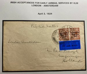 1924 Portlaoise Ireland Early Airmail Service Cover To Wageningen Netherland KLM