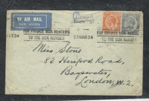 KENYA, UGANDA  COVER 1934 KGV 20C+50C SLOGAN CANCEL TO ENGLAND  P0309A