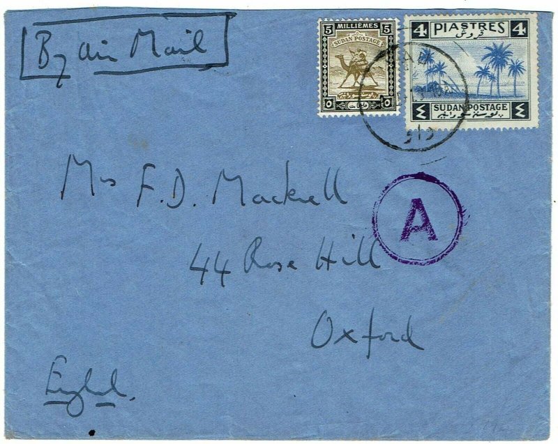 Sudan 1941 Wau cancel on airmail cover to England, A in circle censor h/s