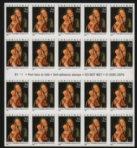 2001 Christmas Madonna Sc 3536a 34c mint booklet of 20 plate number B1111