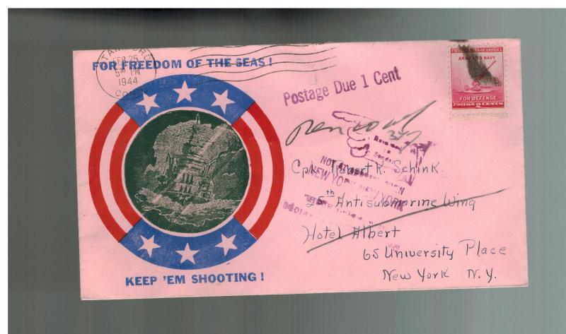 1944 USA Patriotic Cover Stamford CT Postage Due For Freedom of the Seas US Navy