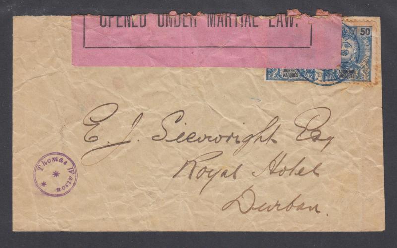 Mozambique Sc 38 pair CENSORED cover to DURBAN, OPENED UNDER MARTIAL LAW label