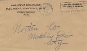 U.S. POST OFFICE DEPT., P.O, Worcester, Mass. 1936 Bonds Slogan Cover Ref 47062