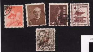 Japan 1952 35y, 1y, 50y, 4y & 8y values, Scott 556-560 used, value = $1.25