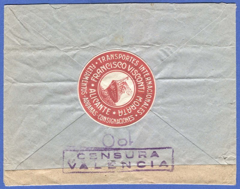 SPAIN 1937 Alicante Civil War Valencia Censored cover to USA - Shipping Seal