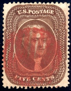 US 30A 5c 1860 Thomas Jefferson type II PSAG grade 85 red grid cancel used