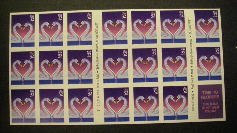 Scott 3123a, 32c Love Swans, Booklet pane of 20, #B2222, MNH Beauty