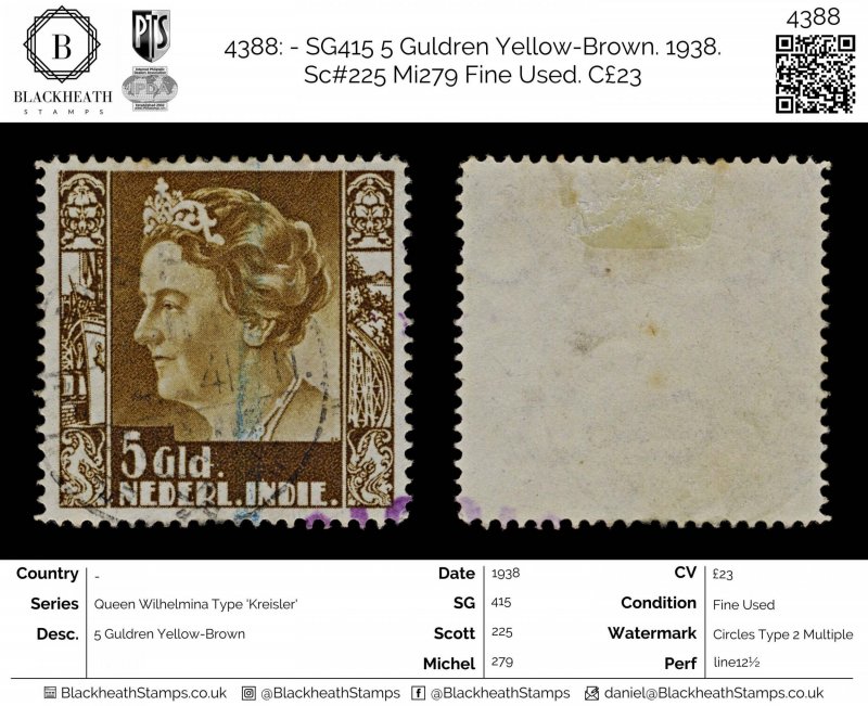 4388: - SG415 5 Guldren Yellow-Brown. 1938. Sc#225 Mi279 Fine Used. C£23