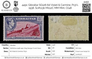 4491: Gibraltar SG126 6d Violet & Carmine. P13½. 1938. Sc#113b Mi112C MM Min...