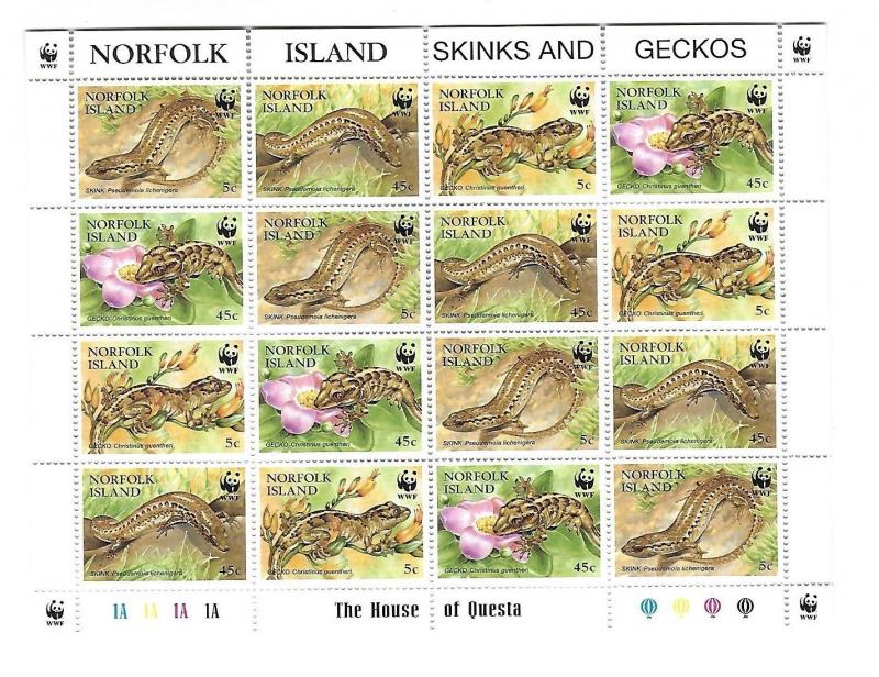 Norfolk Island 1996 Skinks & Geckos WWF Sheet MNH C2
