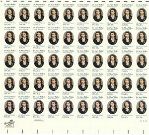 Dr. Mary Walker Army Surgeon Sheet of Fifty 20 Cent Postage Stamps Scott 2013