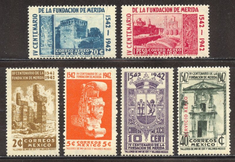 Mexico Scott 768-70,C117-19 Unused LHOG - 1942 Founding of Merida - SCV $15.15